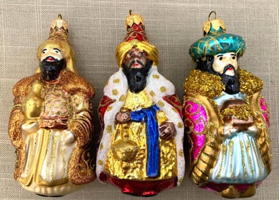 Trio Mercury Glass Wise Men Christmas Tree Ornaments in Wood Storage Case