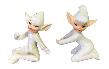 2 Pairs of 1950s Christmas Candle Climbers: White Howard Holt Elves and Napco Santas in Box