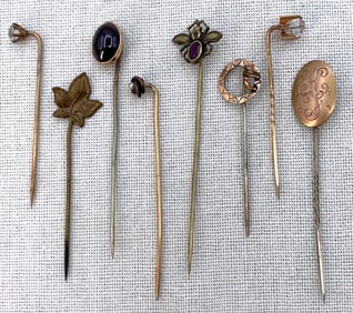 8 pc Antique to Vintage 10k Gold, Winged Insect, Embossed Leaf, Rhinestone Stick Pin Collection