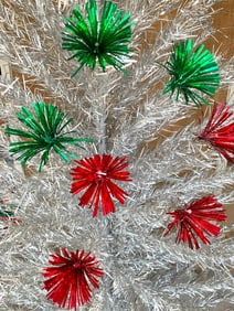 8' Tall Mid Century 208 Branch Red and Green Pom Pon Silver Aluminum Taper Christmas Tree in Box