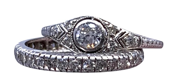 Platinum Art Deco Antique Diamond Engagement Ring and Diamond Eternity Wedding Band