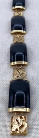 Exotic 14k Yellow Gold Openwork Dragon and Onyx Panel Bracelet