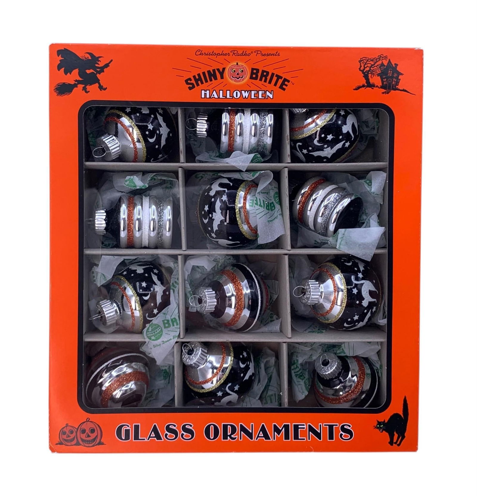 12 pc Christopher Radko Mercury Glass Shiny Brite Halloween Ornaments in the Box: Unopened box full of glittered and stenciled glass Halloween ornaments, box measures 9 1/4" x 8 1/2" x 2 1/4". 
