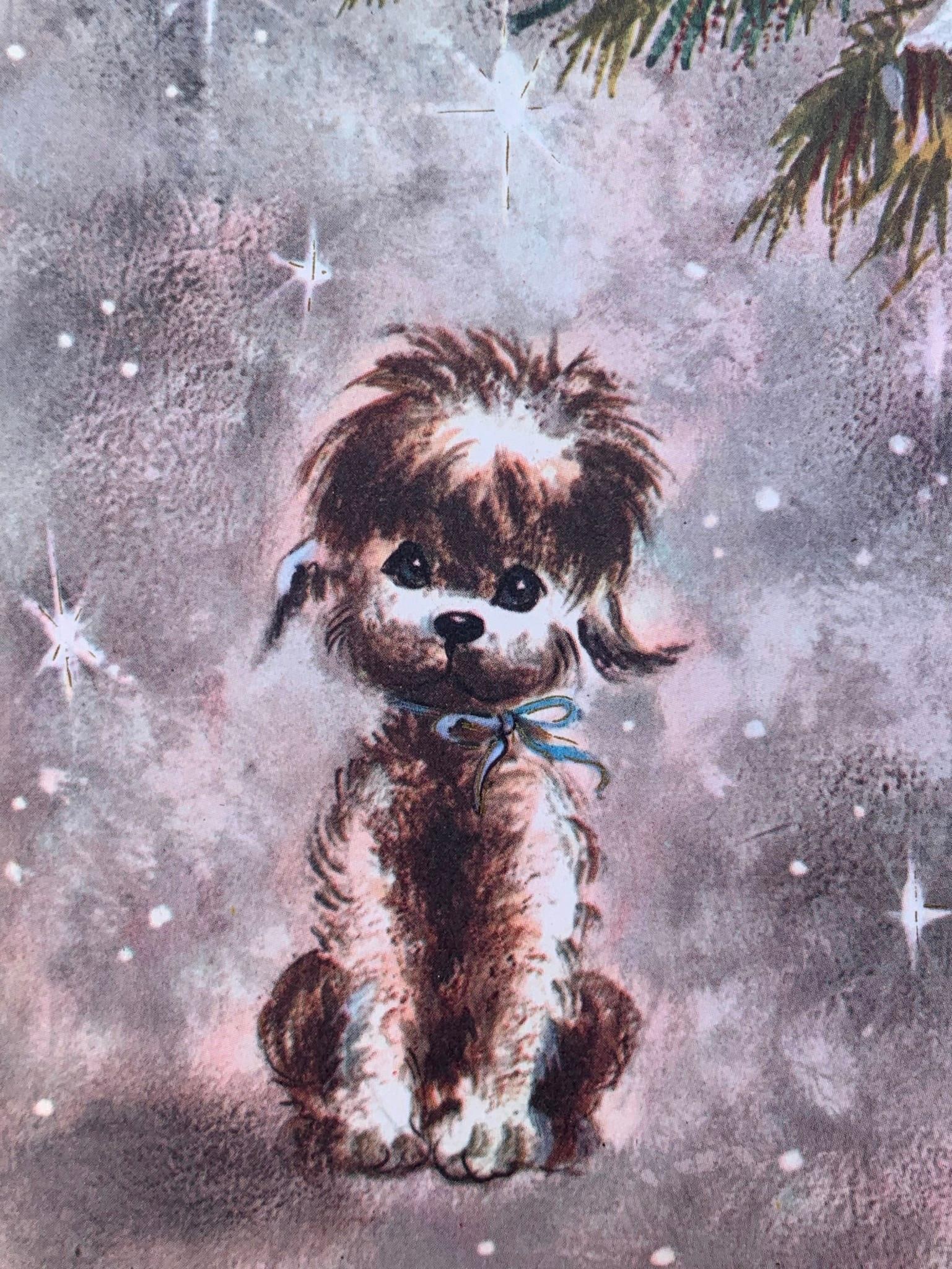 50 pc c1960s Deadstock Printed in Italy Dog Christmas Cards in Box: Vintage Flair Imports brand card box holding 25 Italian printed holiday cards and 25 envelopes, shelf wear to the clear lens lid.