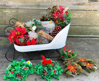 51 pc Mid Century Plastic Holly, Poinsettia, Angels, Floral Picks in White Metal Sleigh