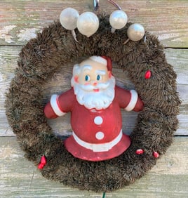 Mid Century Flocked Santa Claus Light Up Wreath Holiday Decoration