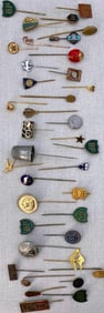 38 pc Antique to Vintage Advertising, Folk Art, Clubs, Souvenir Stick Pin Collection