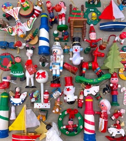 55 pc Vintage Painted Wood Christmas Tree Ornaments