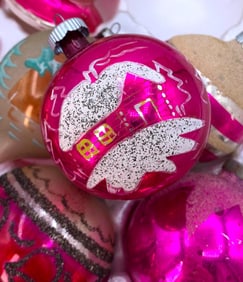 12 Vintage Magenta Mercury Glass Christmas Tree Ornaments with Shiny Brite Box