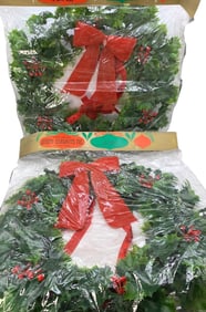 2 Mid Century Unopened 24" Hong Kong Joseph Markovits Plastic Holly Leaf Door Wreath Decorations