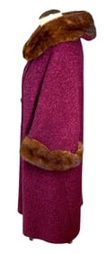 High Brow Mid Century Raspberry Wool Boucle Mink Trimmed Bell Sleeve Swing Coat