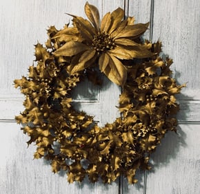 5 Mid Century Gilded Plastic Holly and Poinsettia Holiday Wreath Decorations