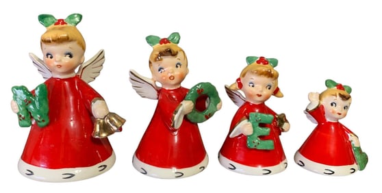 Four 1956 Napco Japan NOEL Angel Bell Porcelain Christmas Decorations
