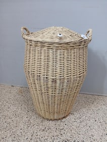 Monumental Mid Century German Painted Handled & Hinged Lid Wicker Basket Hamper