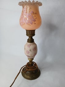 Victorian Pink Frosted Floral Painted Glass Boudoir Lamp