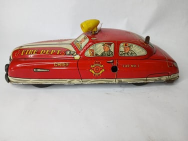 1950's Marx Tin Litho Fire Dept Chief Friction Driven Car No. 1 w/ Batter Op Roof Light