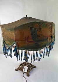 RARE Victorian Table Lamp w/ Hand Painted and Beaded Shade Depicting Sail Boats & Temple