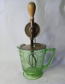 A & J One Quart Green Uranium Depression Glass Handled Measuring Cup w/ Hand Mixer