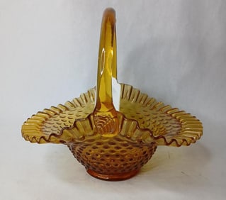 Fenton Amber Glass Hobnail Handled Basket