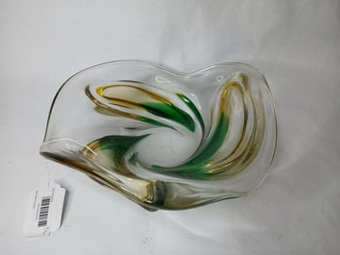 Murano Art Glass Swirled Green and Gold Dish