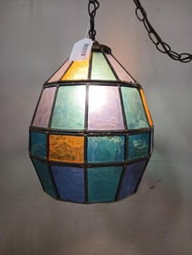 Mid Century Blue Leaded Glass Hanging Light Fixture