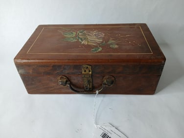 Early Wooden Keepsake Hinged Lid Latching Hand Painted Floral Accent Box