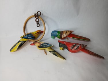 Hand Painted Ornamental Birds w/ Hanging Perch