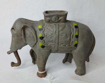 Cast Iron Painted Elephant Mechanical Coin Bank