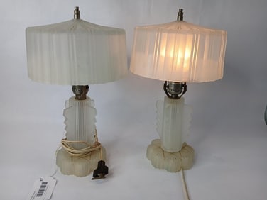 1930's Art Deco Frosted Satin Glass Boudoir Lamps Set of 2
