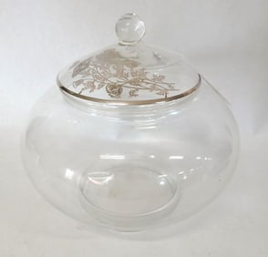 Clear Glass Lidded Jar w/ Sterling Floral Pattern Overlay on Lid