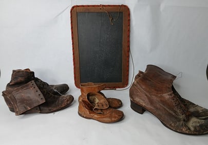 Antique German Leather Shoes, Ladies-Girls-Toddlers along with Slate Chalkboard