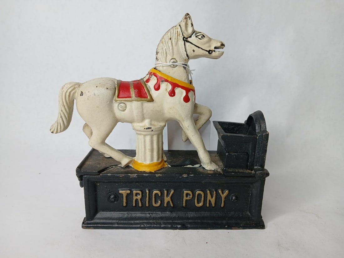 Cast Iron Trick Pony Mechanical Coin Bank: 7.5 x 7.5