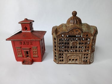Lot of 2 Early Cast Iron Architectural Coin Banks Inc. Miller Castings & A.C. Williams Bank
