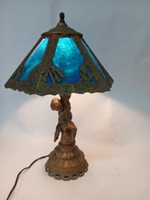 Antique Arts & Crafts Blue Slag Art Deco Bronze Table Lamp