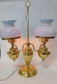 Brass Student Lamp W Blue/White Shades