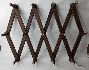 Mid Century Wood Accordion 13 Peg Wall Hanging Rack