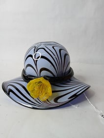 Murano Hand Blown and Turned Art Glass Swirl Hat Bowl w/ Floral Applique