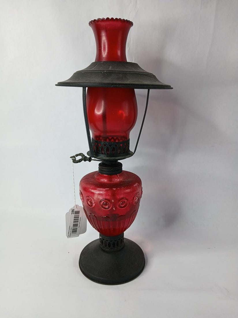 Cranberry Sail Boat Brand Oil Lamp w/ Cranberry Hurricane/Chimney: no chips or cracks found