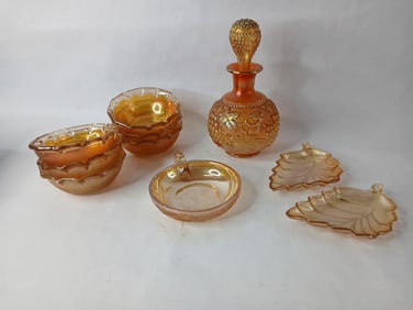 Northwood Marigold Carnival Glass Bottle and Dishes