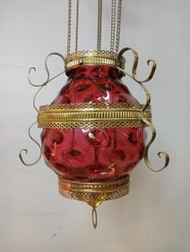 Bullseye Cranberry Glass Pull Down Hanging Oil Lamp