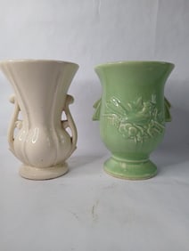 Mid Century McCoy Art Pottery White Double Handled & Green Cardinal Vases Lot of 2