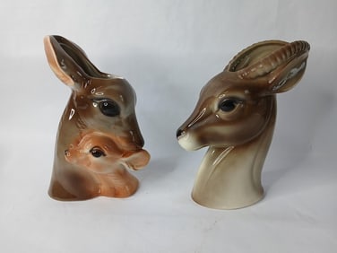 1950's Royal Copley Glazed Ceramic Gazelle & Doe w/ Fawn Head Planters Lot of 2