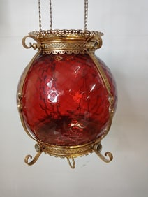 Ruby Red Sphere Hanging Pull Down Oil Lamp