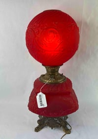RARE GWTW Red Osage Satin Glass Globe Hurricane Table Top Parlor Lamp