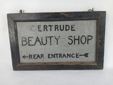 Antique Self Framed DS Tin Gertrude Beauty Shop Rear Entrance Hand Painted Hanging Sign