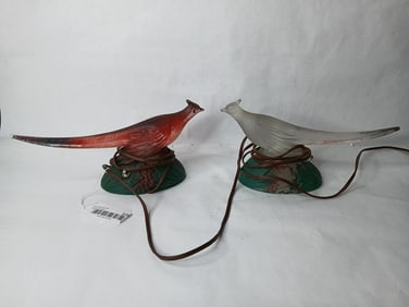K.R. Haley Jewel Molded Art Satin Glass 1940's Pheasant Table Night Lamps