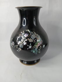 Korean Mother Of Pearl Detailed Inlaid Black Lacquered Brass Vase