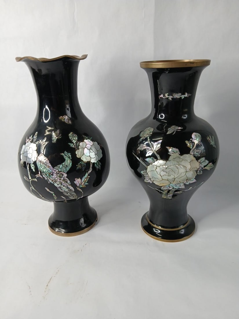 Korean Mother Of Pearl Detailed Inlaid Black Lacquered Brass Vases Lot of 2: 11 and 11.5 H. Largest has a few cracks a long base