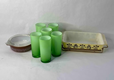 Vintage Pyrex Casserole lot and Green Glass Water Set