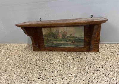Early Wood Wall Hanging Shelf W/ Framed Farm Print